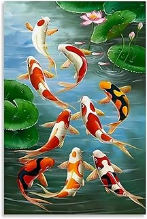Lucky Koi Fish Art, Feng Shui Water Painting, Asian Landscape Canvas, Prosperity Wall Decor, Zen Living Room Art, Abundance Home Decoration 08x12inch(20x30cm) Unframe-style
