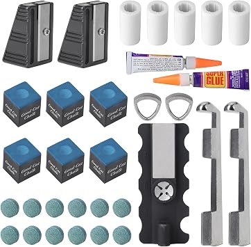 30 pcs Pool Cue Repair Kit 1 5in1 Pool Cue Tips Repair Tool 2 Pool Cue Tip Clamp 12 Billiard Cue Tips 5 Ferrules 6 Chalk Cubes 2 Cue Tips Trimmers