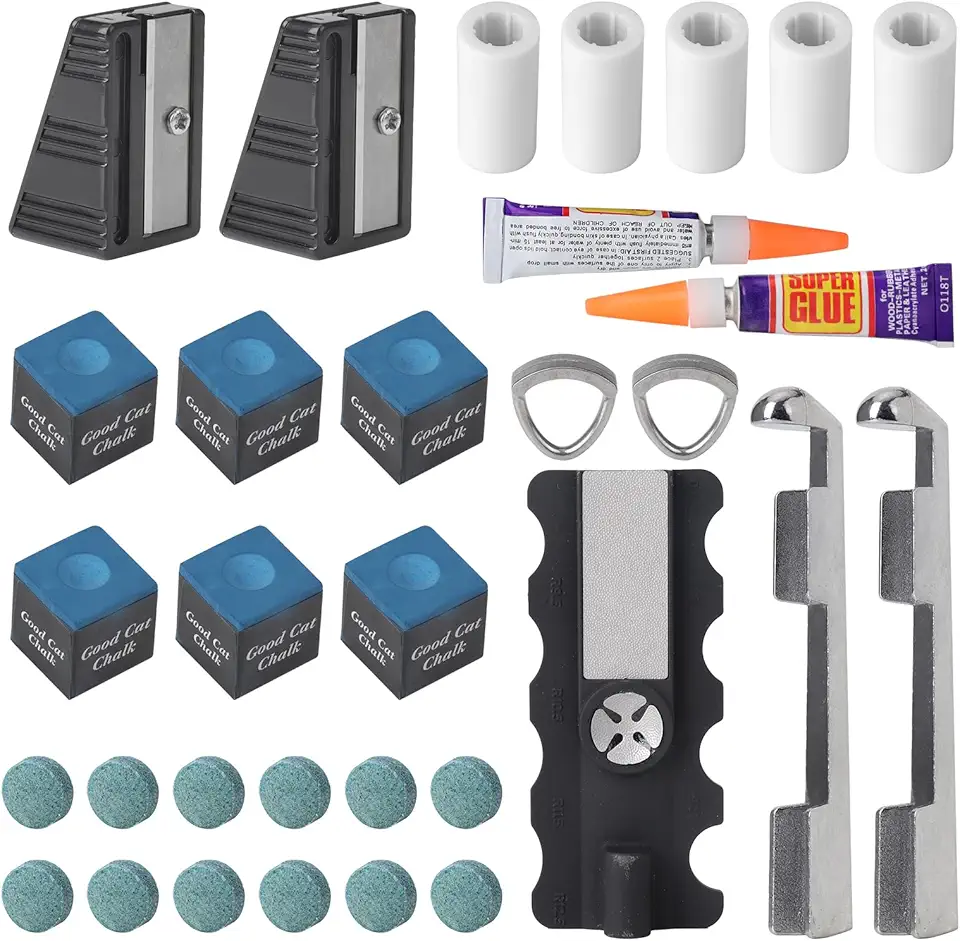 Kit de reparo de taco de sinuca de 30 peças, 1 ferramenta de reparo de pontas de taco de sinuca 5 em 1, 2 grampos de ponta para tacos de sinuca, 12 pontas de taco de bilhar, 5 virolas, 6 cubos