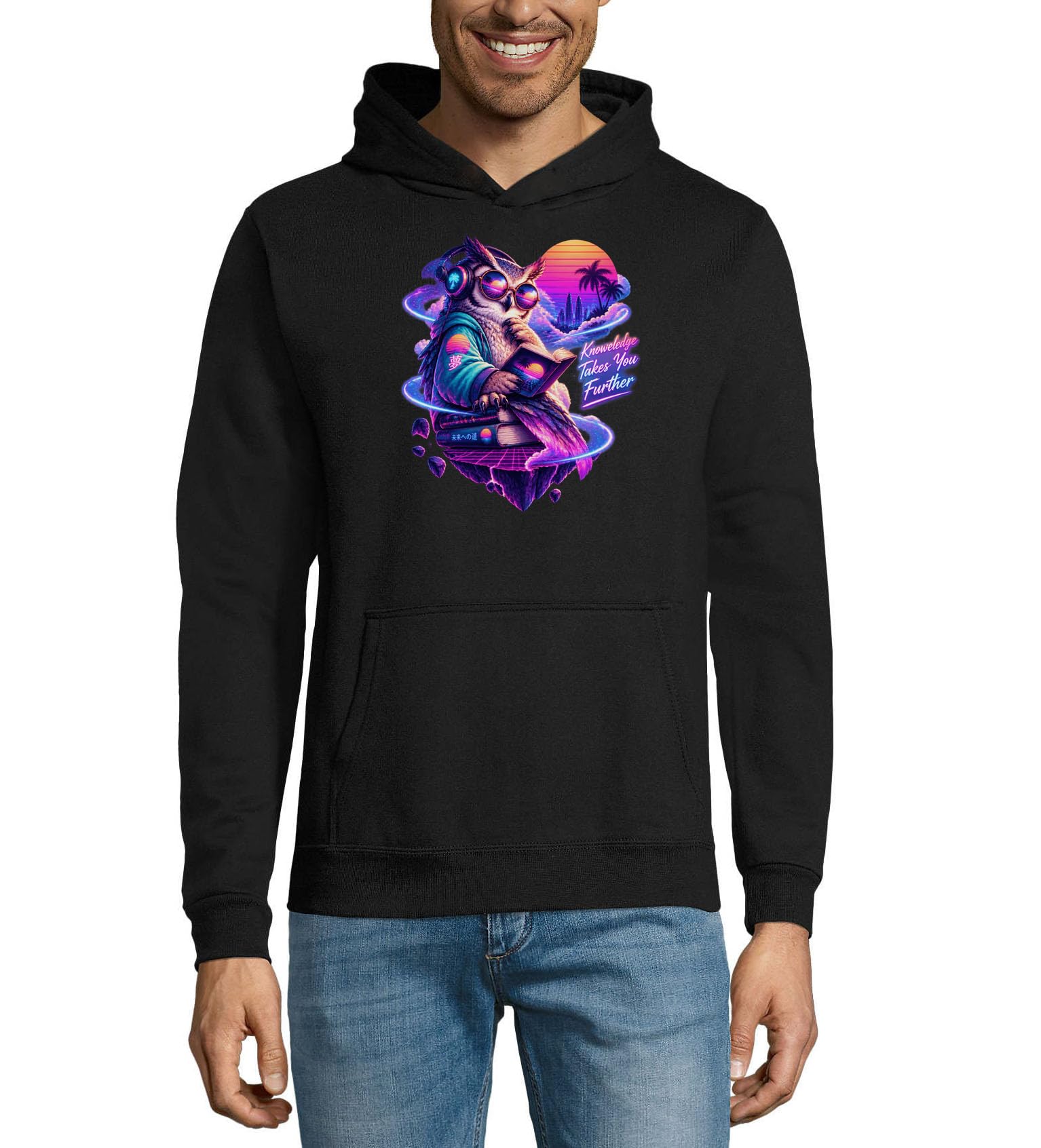 Sowa czytająca książki w neonowym świecie fantasy unisex mieszanka bawełny bluza z kapturem bluza z kapturem czarna