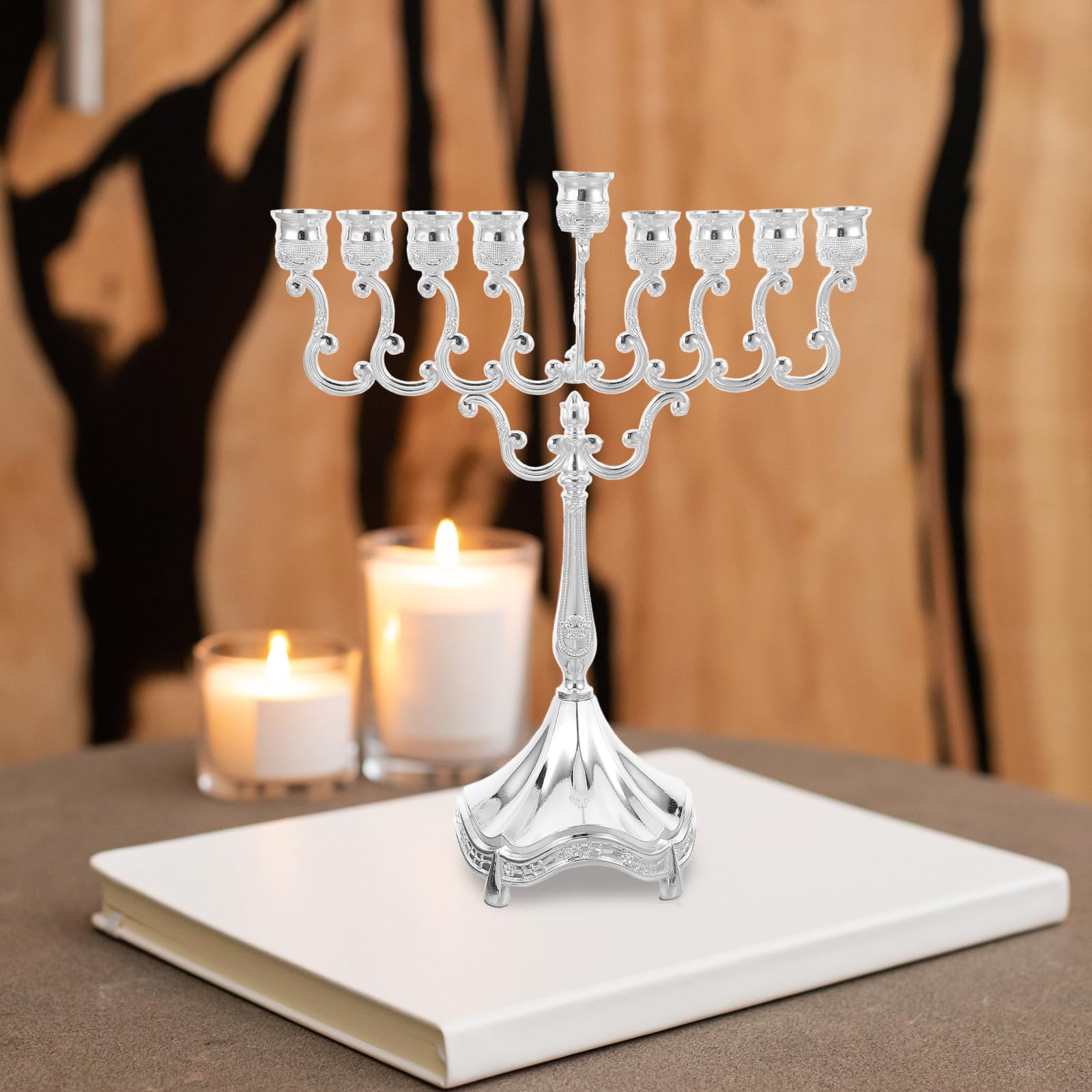 Lurrose Candelabro de Metal 9 Brazos para Hanukkah, Adorno Elegante de Aleación Plata para Ambientación y Cena Romántica en Fiestas