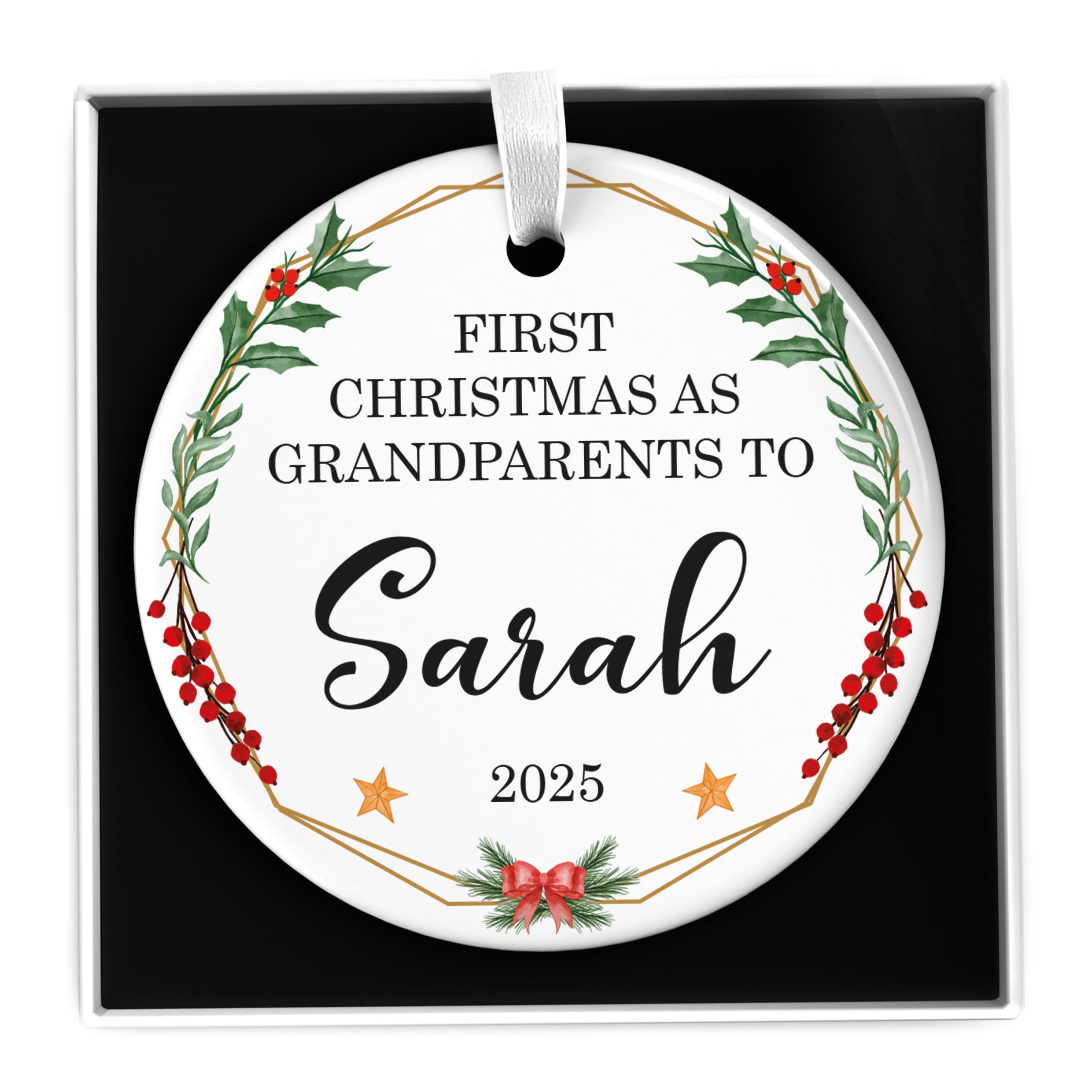 First Christmas as Grandparents Tree Decoration Bauble, Holly Wreath Design, Gifts For Grandparent, New Grandchild Ceramic Ornament, With Gift Box