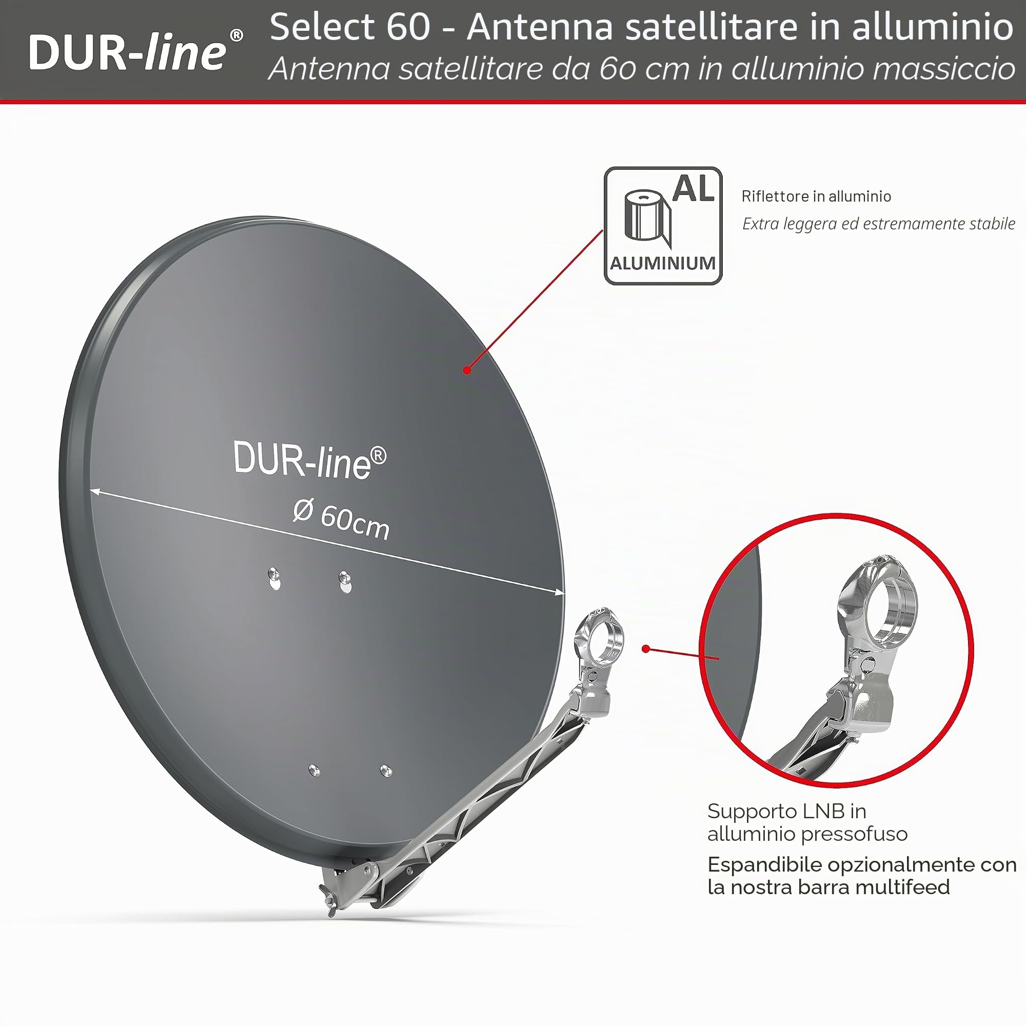 DUR-line Set di 2 partecipanti, impianto satellitare completo in alluminio di qualità, Select 60 cm/65 cm, specchio/ciotola antracite + Twin LNB, per 2 ricevitori/TV [tecnologia all'avanguardia