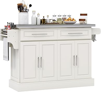HOMCOM Rolling Kitchen Island Cart with Wheels, Portable Island Table for Kitchen with Stainless Steel Top, Adjustable Shelves, 2 Drawers, Spice, Knife and Towel Rack, Cream White