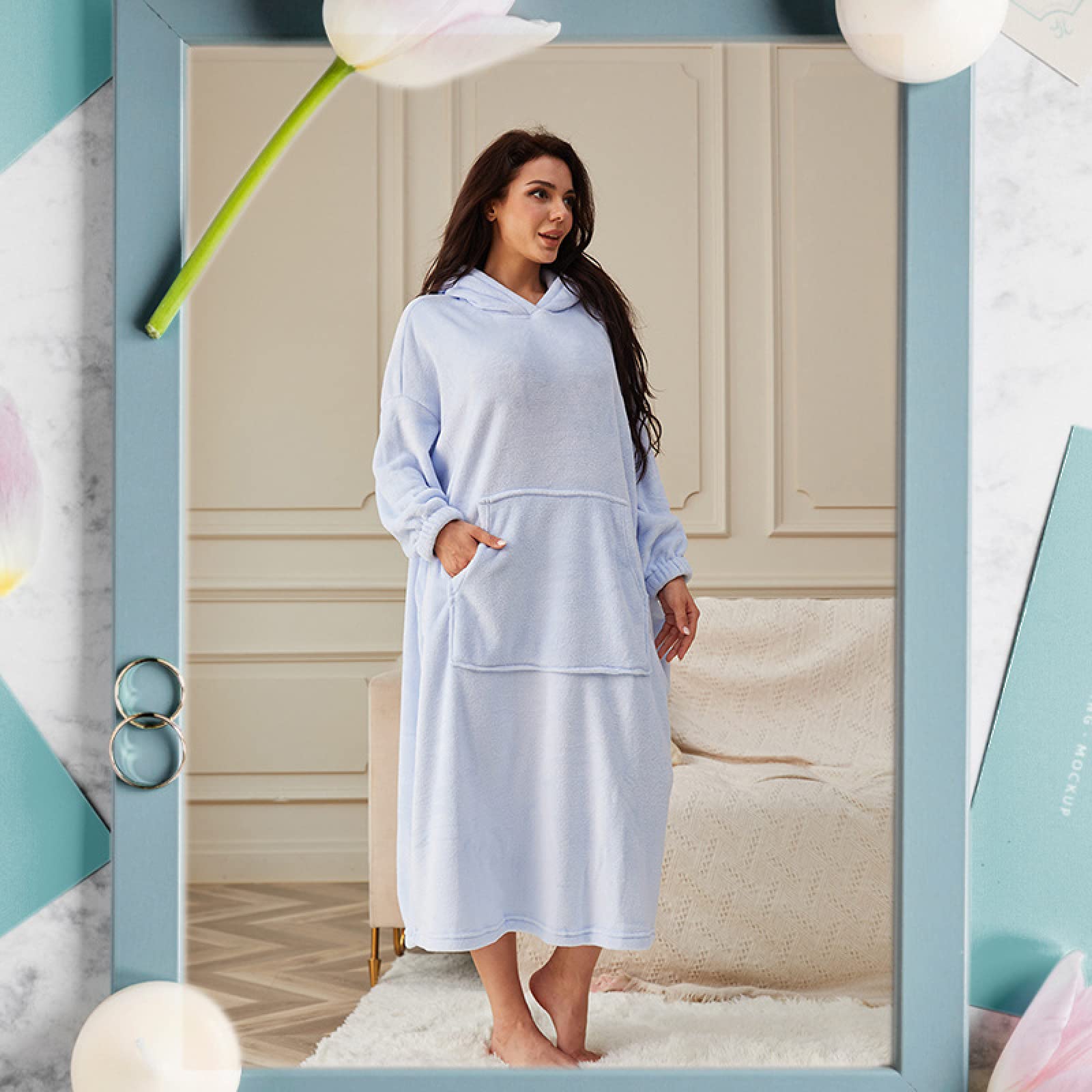 Camisón De Franela para Mujer, Pijama De Una Pieza Alargado Y Engrosado, Camisón Cálido De Invierno, Ropa De Casa para Parejas,Azul Claro,90~250 Catties