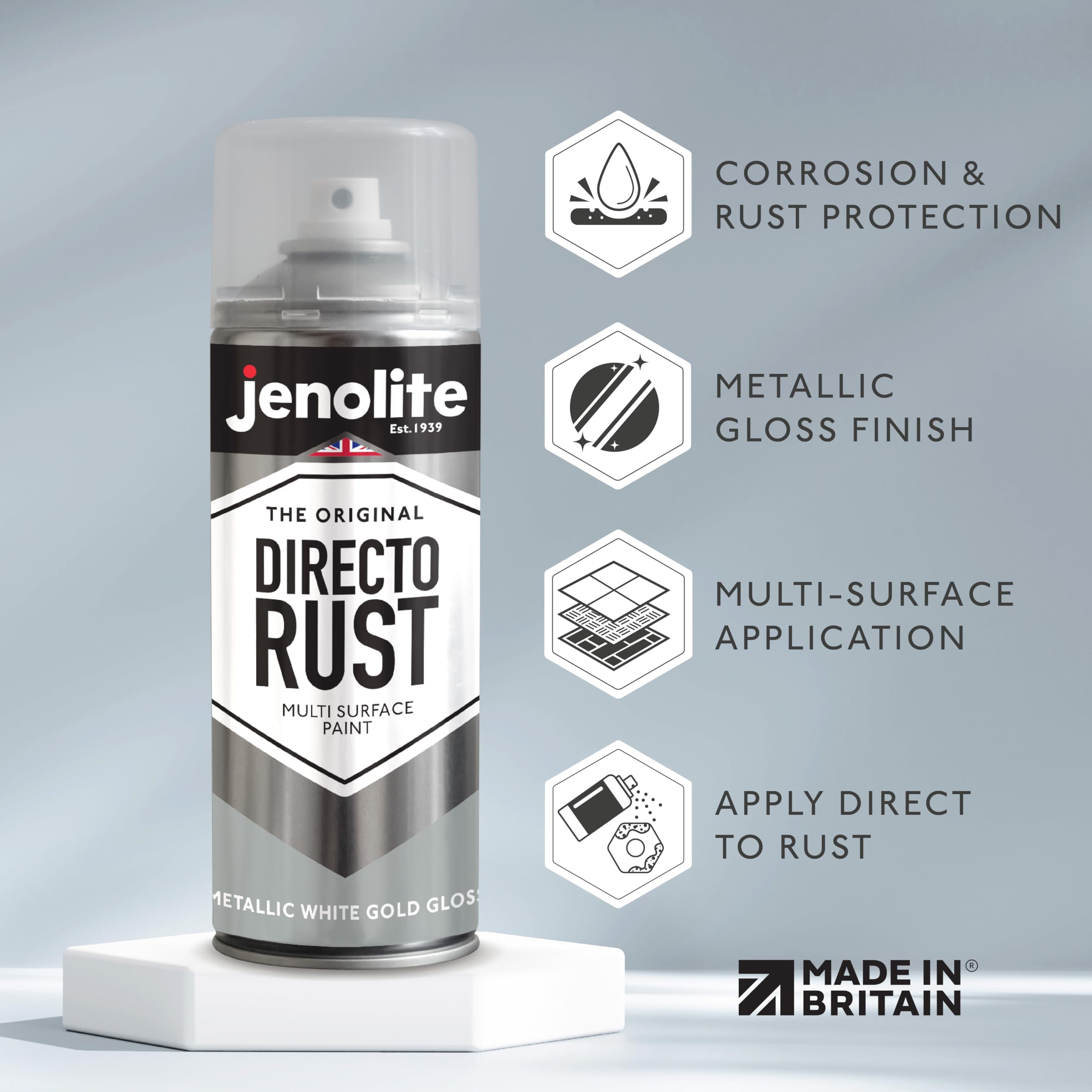 JENOLITE Directorust Pintura Metálica Brillo | ORO BLANCO | Pintura en aerosol multisuperficie | Imprimador, capa base y capa superior todo en uno | 3 x 400ml