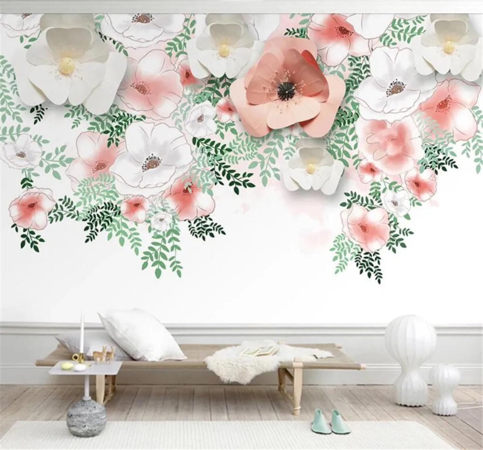 Tzxztt 150Cm×105Cm(B×H) Pastoral Beautiful Hand Drawn Green Leaves Flowers Modern 3D Wallpaper Premium Textured Silk Neutral Tones Material Ideal For Living Room Bedroom-150Cm×105Cm