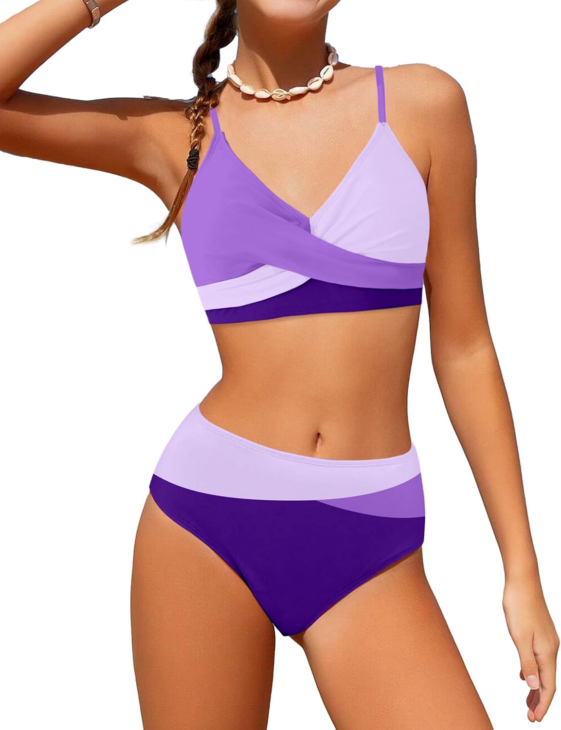 WIQI Girls Swimsuit Bikini Set 2 Piece Bathing Suits Color Block Criss Cross Swimwear Size 9-16