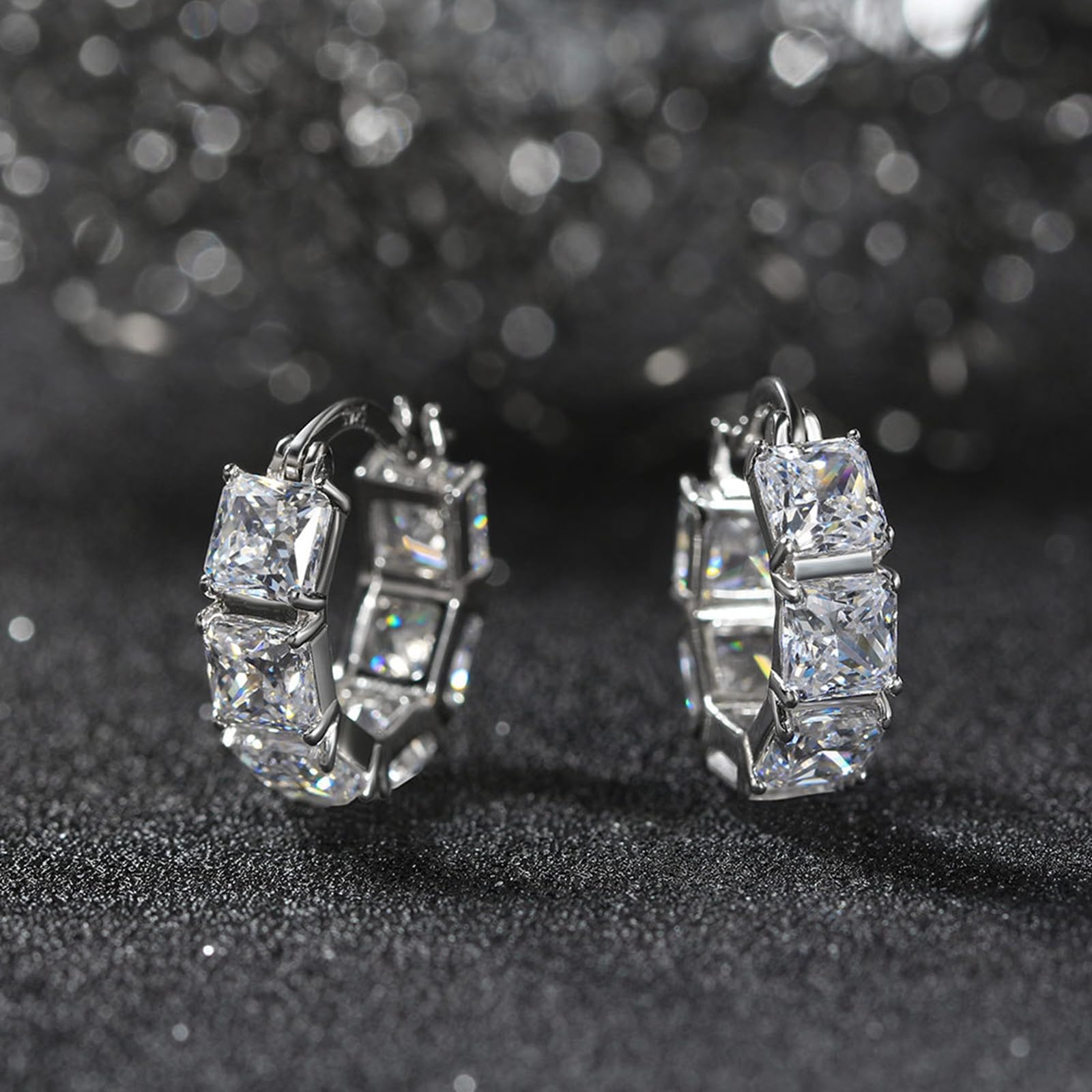 KnSam Damen Ohrringe S925 Sterling Silber, Hoop Creole Ohrringe Frauen mit Zirkonia Quadrat, Ohrstecker Klein Sterlingsilber für Damen, Silber