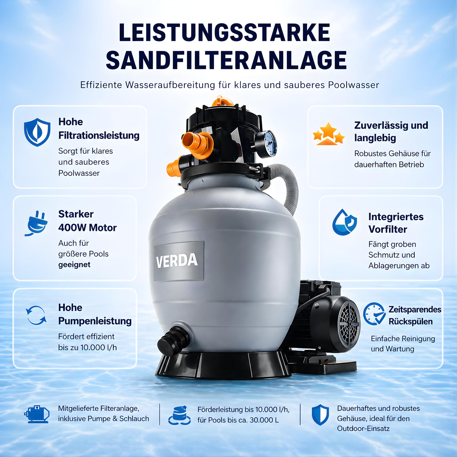 Verda Système de filtration à sable, pompe 10000 l/h, 400 W, avec billes filtrantes, 10 m, hauteur de refoulement 38 mm, connexion 220-240 V, 50 Hz, filtre à sable pour piscine SN5882