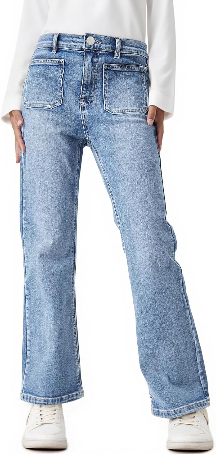 Haloumoning Girls High Waisted Jeans Straight Leg Stretch Demin Pants Cute Casual Trousers with Pockets