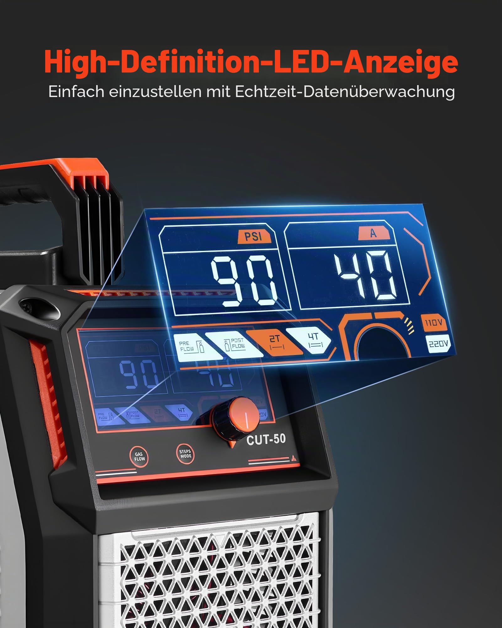 VEVOR Plasmaschneider, 50A Plasmaschneidgerät, Digitalanzeige IGBT Inverter-Schneidemaschine mit 2T/4T-Funktion & einstellbarer PA/PT-Zeit, Ideal für Heimreparaturen, Werkstätten