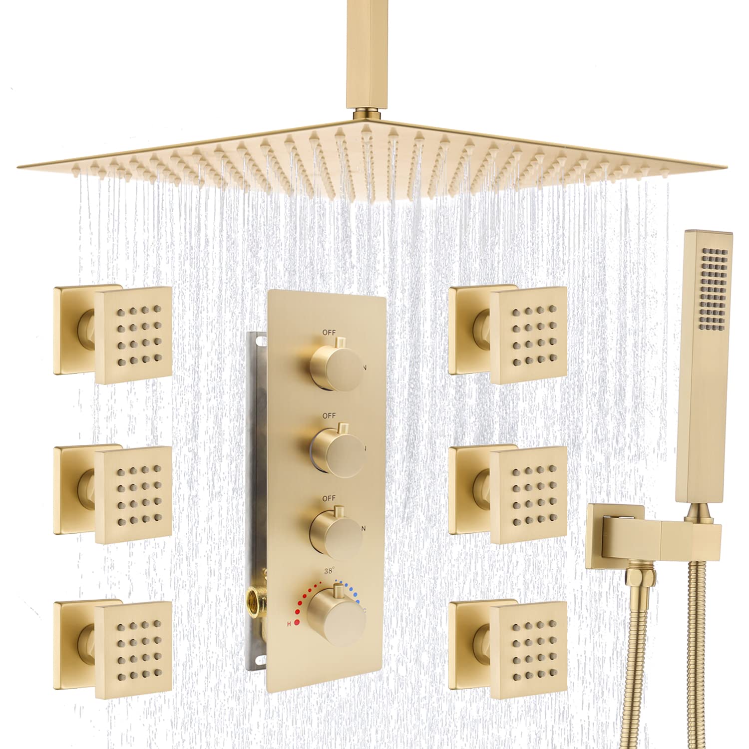 Enga Luxury Brushed Gold Shower System, 16 Inch Rain Shower Head with