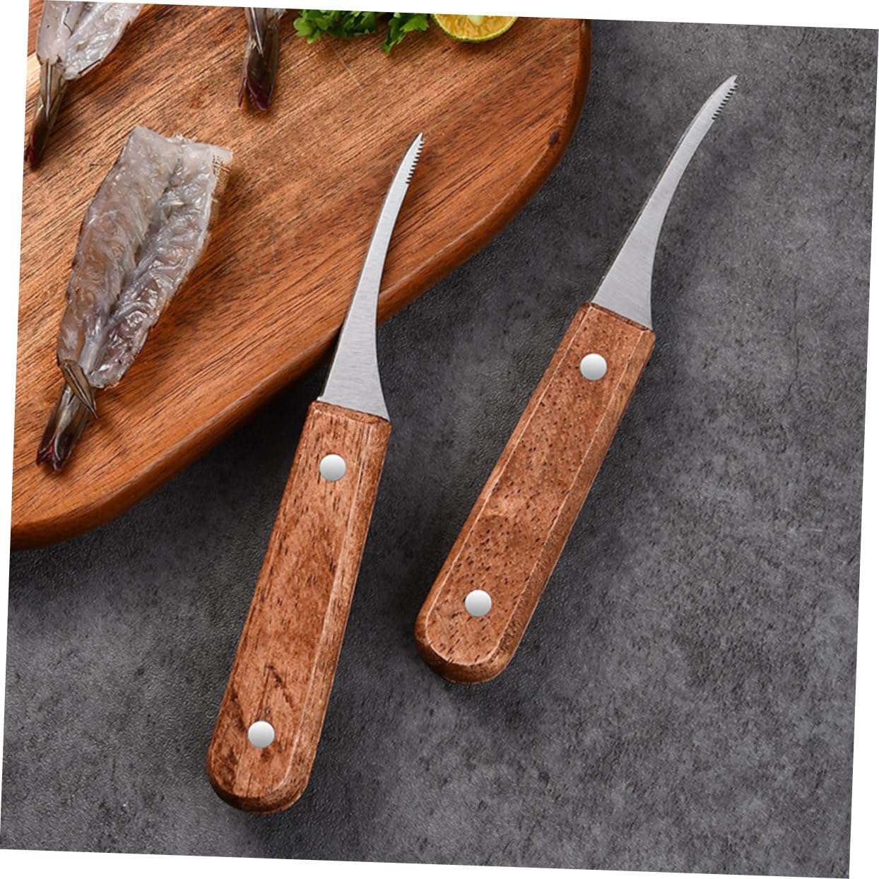 4pcs Stainless Steel Shrimp Peeling Tool Compact Shrimp Line Cutter Cleaner with Plastic and Wooden Handles Essential Seafood Accessory for