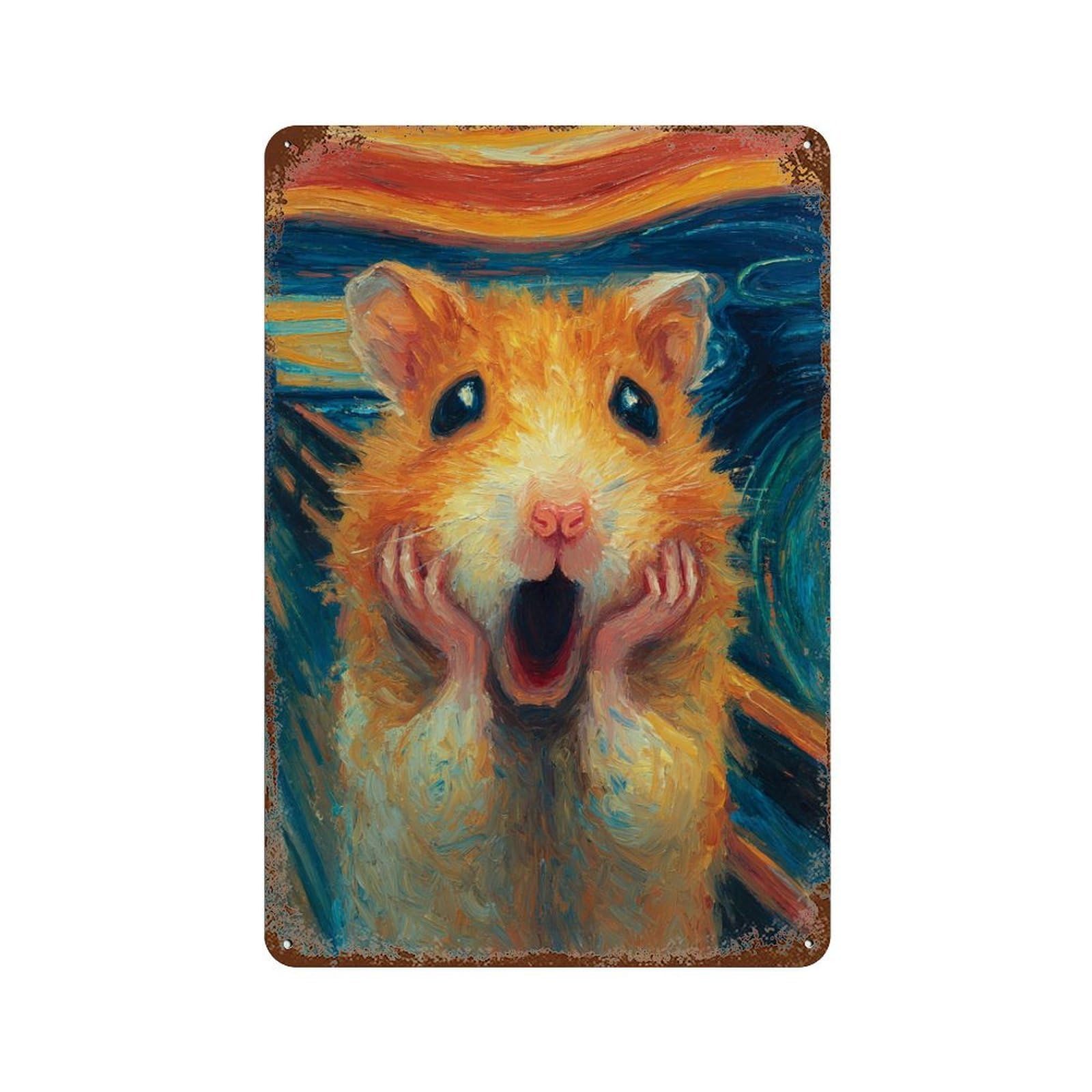 Vintage Rust Metal Sign with Hamster Art Print, Cute Animal Wall Decor Design 11.8"x7.9", for Office, Studio And Wall Decor, Farmhouse Wall Decor