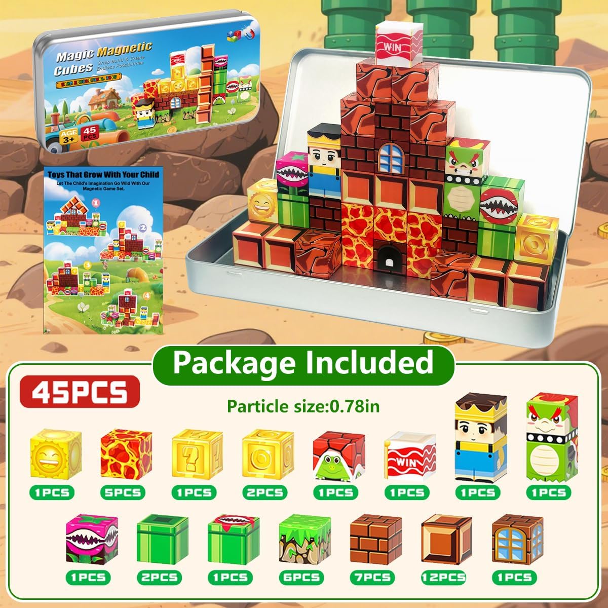 Magnetic Blocks Building Set - Puzzle Cubes as STEM Toys for Kids - Toddlers Sensory Construction Tiles - Ages 3+ Creative Educational Games for Boys and Girls - Mario 45pc in Tin Travel Box