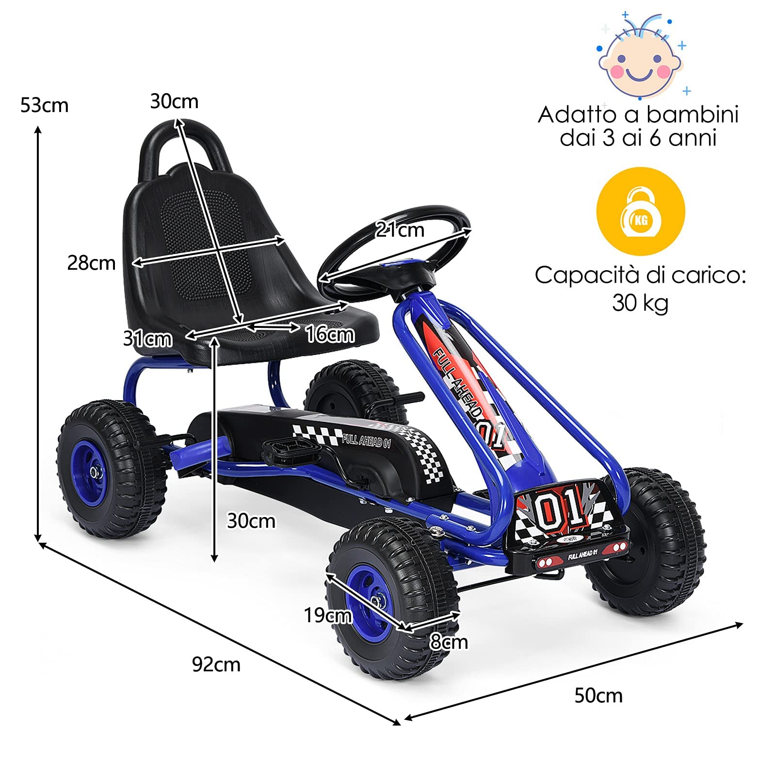 GYMAX Go Kart per Bambini 3-6 Anni, Macchina Cavalcabile con Pedali e Sedile Regolabile, Go Kart Giocattolo Facile da Controllare, 50x92x53 cm (Blu)
