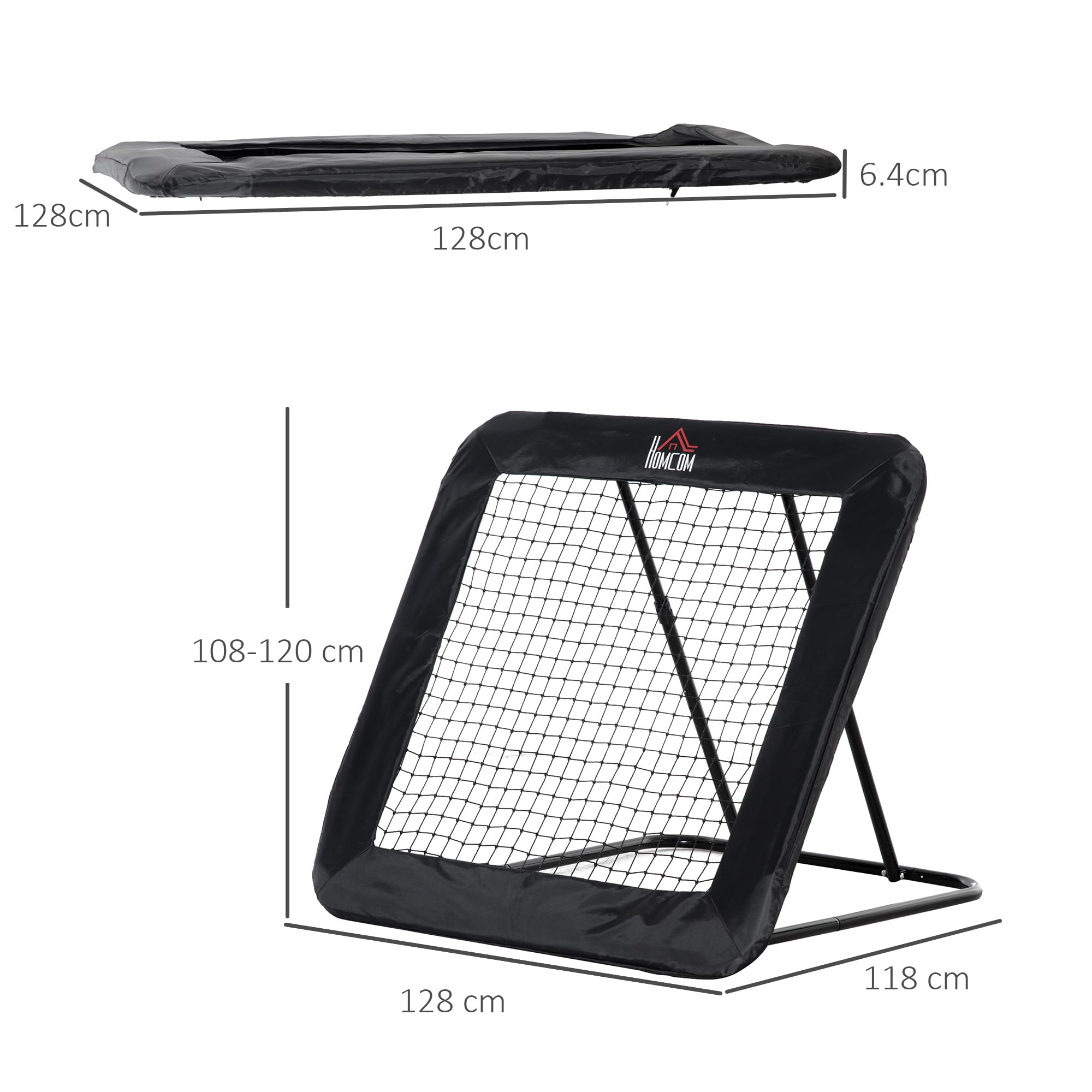 HOMCOM Rebounder Pieghevole e Regolabile da Esterno per Calcio, Baseball e Pallavolo, Rete da Calcio in PE, Metallo e Tessuto Oxford, 128x118x108-120 cm, Nero