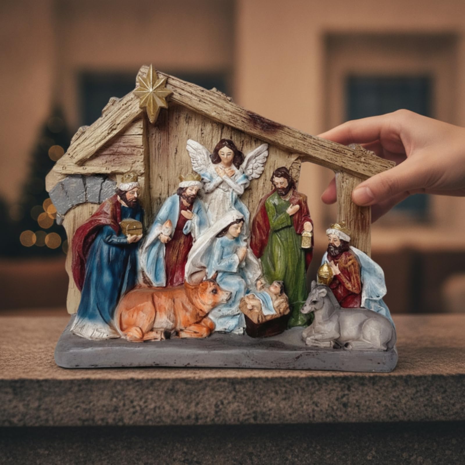 rockible Presepe con Capanna Natalizio Presepe da Tavolo Rustico Decorazione per Collezionisti