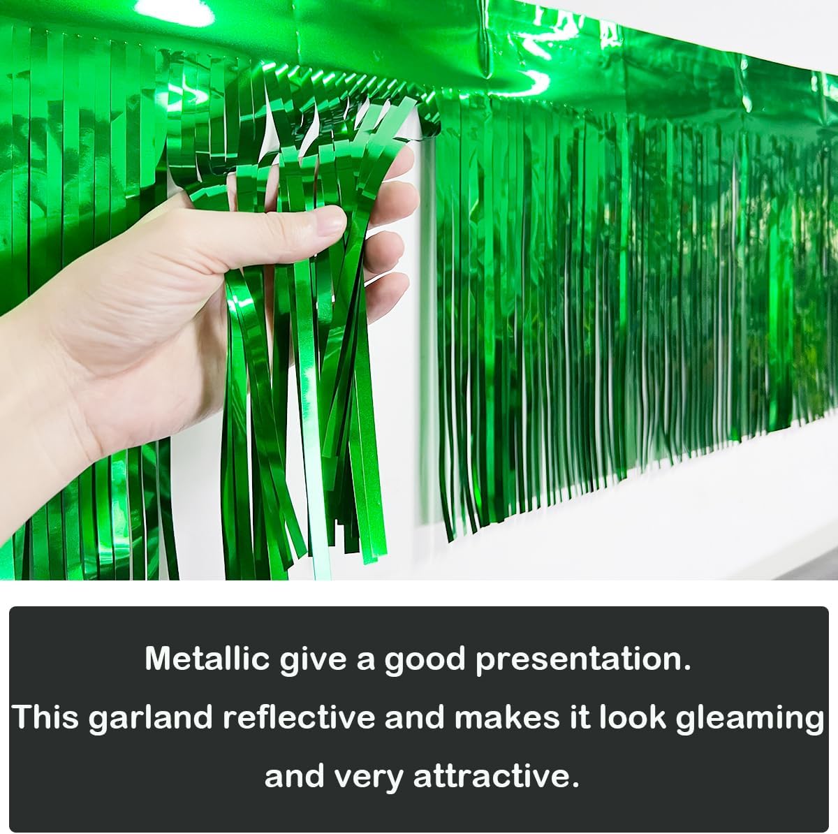 3 Pack Total 30 Feet Green Foil Fringe Garland Metallic Wall Hanging Drapes Tassel Skirting Tinsel Streamers Decorations for Parade Float Trailer Mardi Gras Party Birthday St. Patrick's Day
