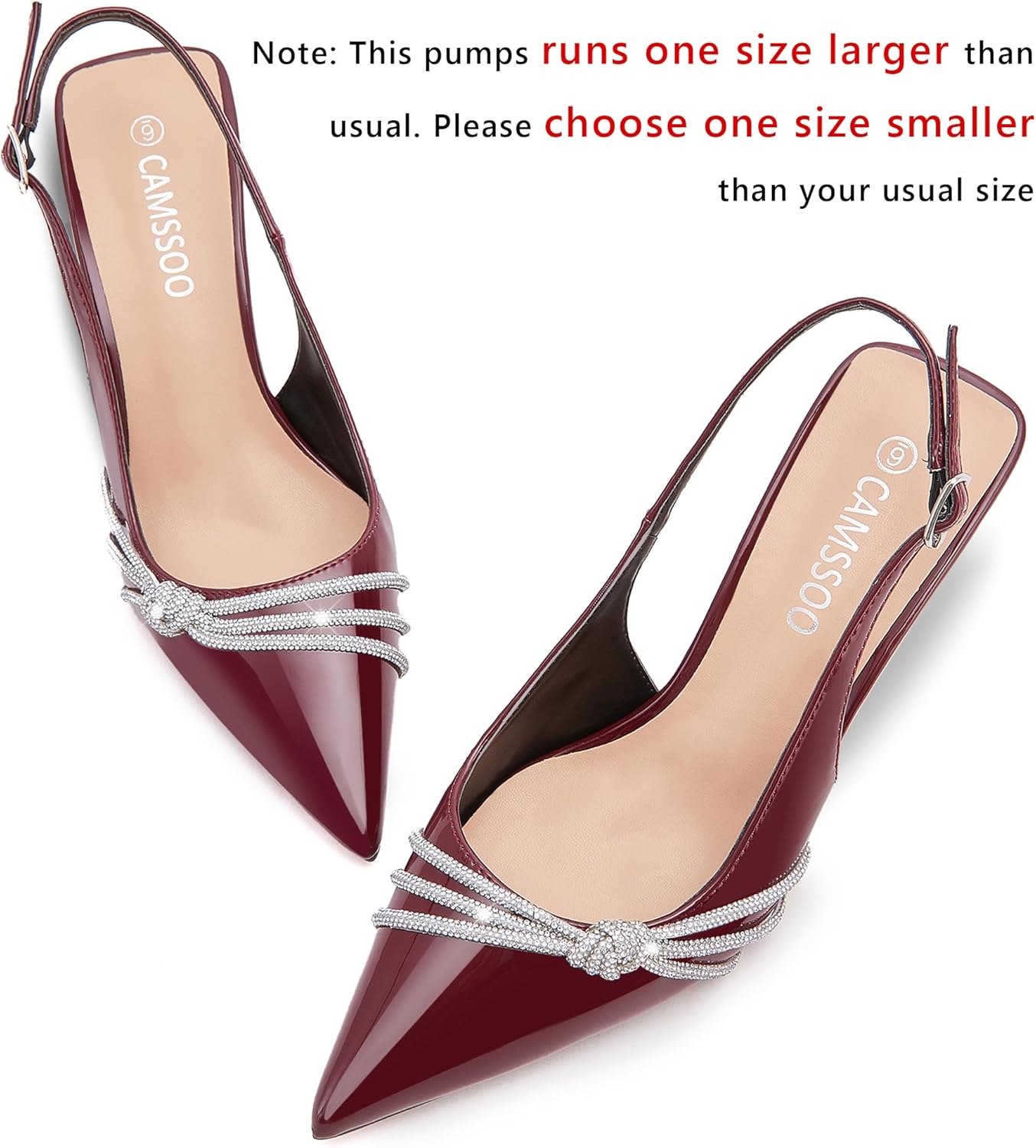 CAMSSOO Women's Slingback Kitten Heels Patent Leather Closed Pointed Toe Stiletto Pumps with Rhinestones Dress Shoes Party Prom Wedding - Image 5