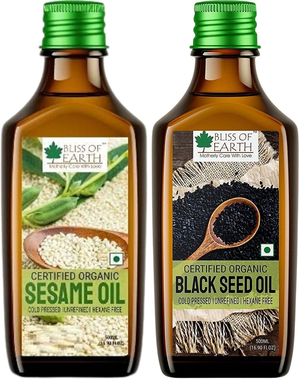 BLISS OF EARTH500ml Certified Organic White Sesame Oil + 500ml Organic Kalonji Oil For Eating, Black Seed Oil For Hair, Cold pressed & Hexane Free