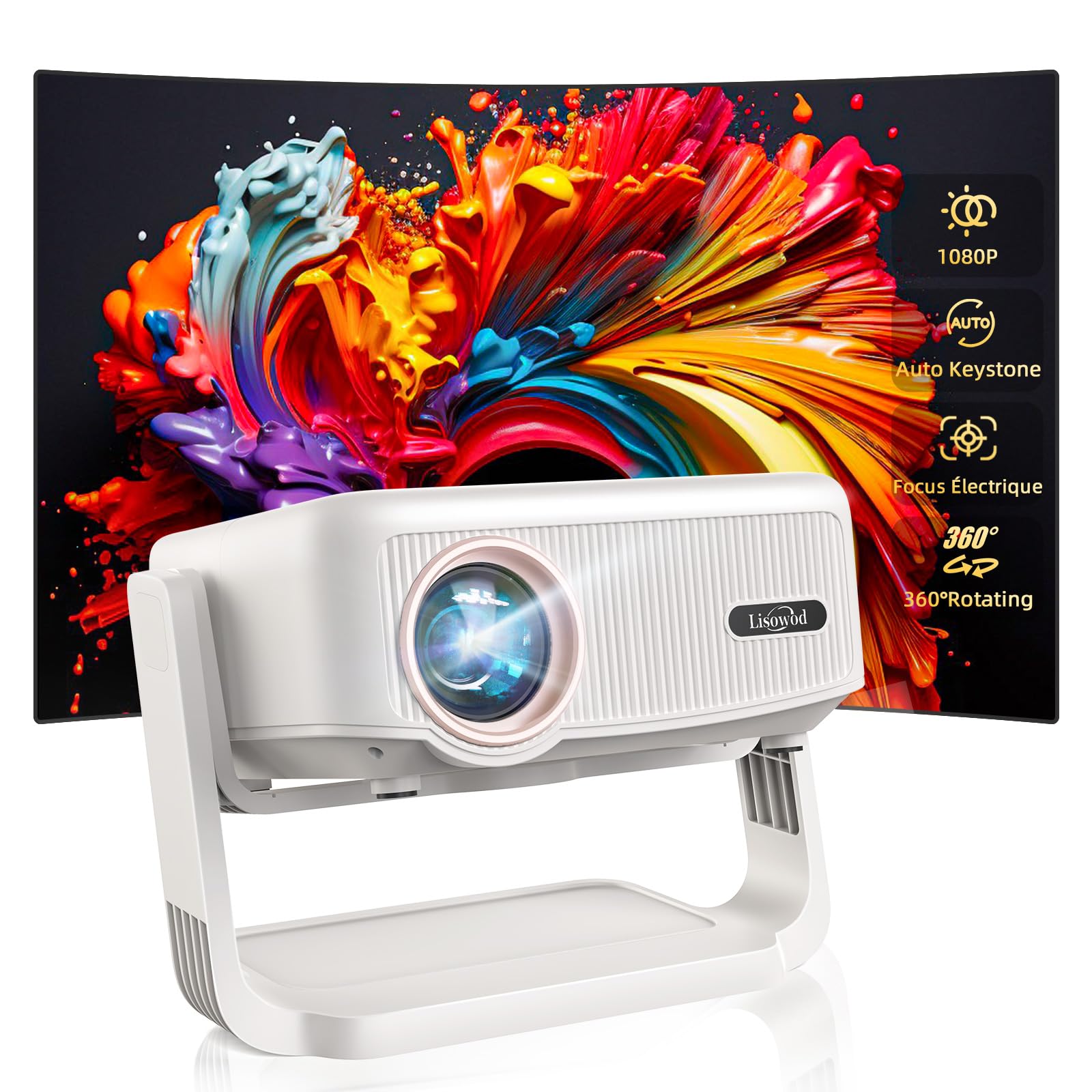 Videoprojecteur, Auto Verticale Keystone/Focus Électrique /360°Rotating, 1080P HD 22000Lux Projecteur Video, avec WiFi6, Bluetooth Lisowod Retroprojecteur Portable pour Home Cinéma/FireStick/HDMI/USB
