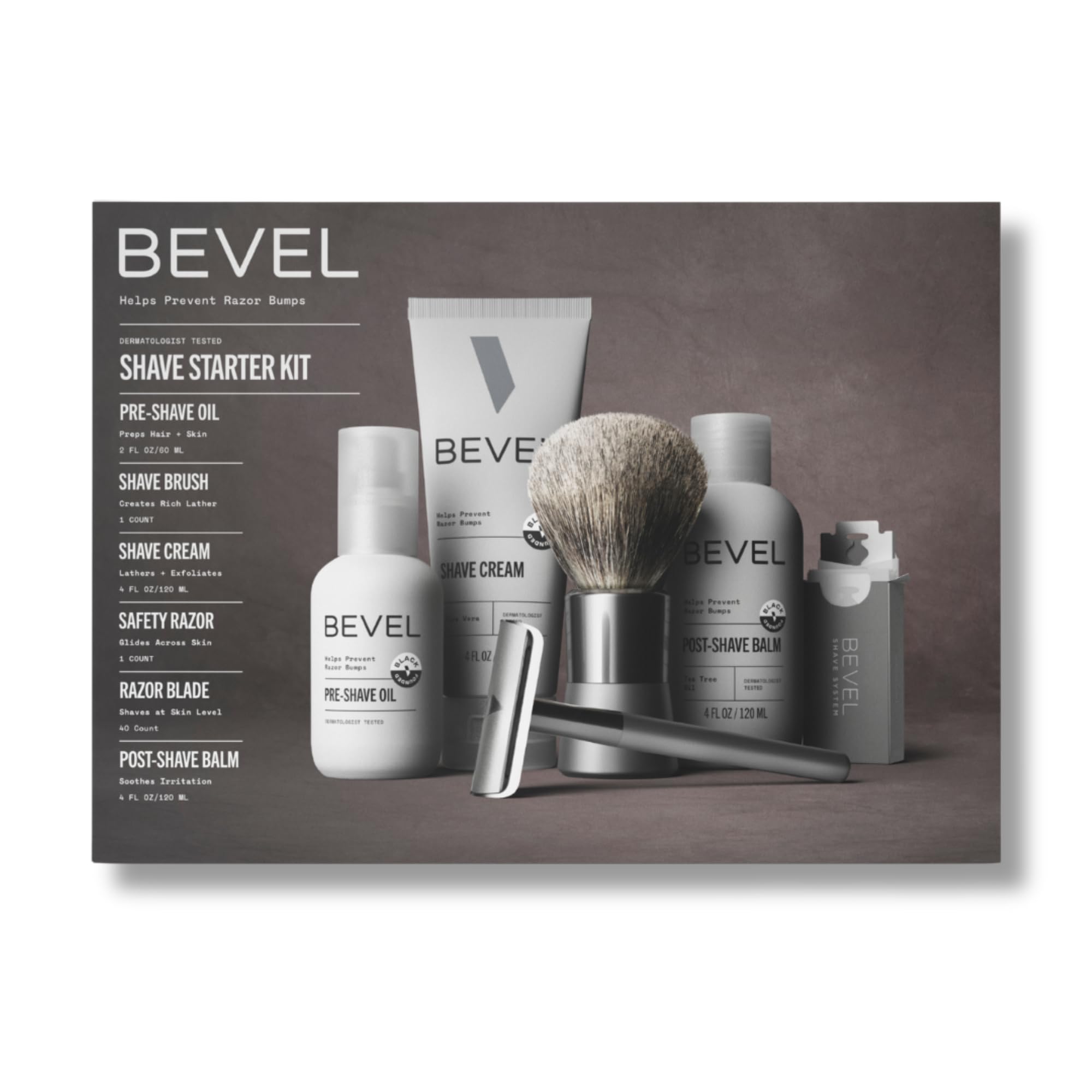 Bevel Shaving Kit for Men, Includes Safety Razor with 40 Replacement Blades, Luxury Shaving Brush, Pre Shave Oil, Shave Cream and Balm (Packaging May Vary)