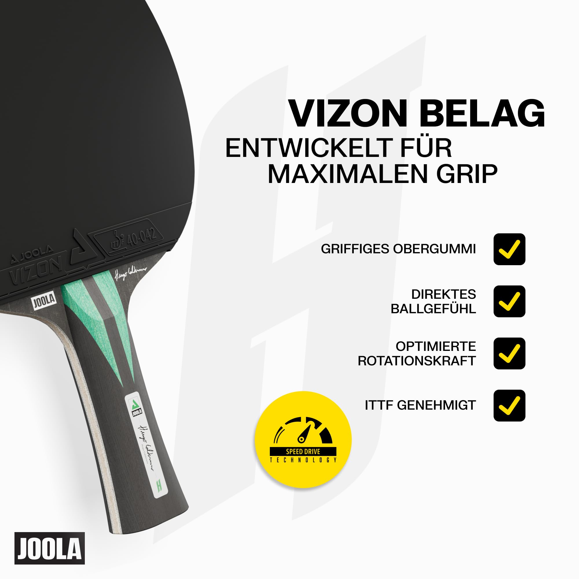 JOOLA Hugo Calderano Carbon Tischtennisschläger inkl. 3 Tischtennisbälle + Schlägerhülle, ITTF-zugelassen, VIZON-Beläge, schwarz/grün