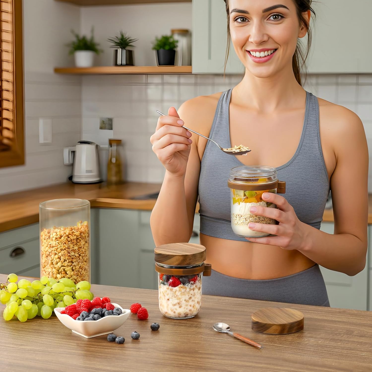 4 Pack Overnight Oats Containers with Wooden Lids and Spoons, 16oz Glass Mason Overnight Oats Jars with Lids, Large Capacity Airtight Jars for Milk, Cereal, Fruit - Image 5