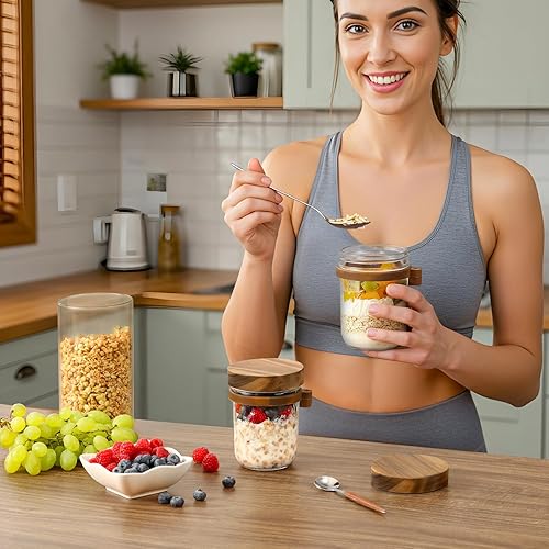 Vista 12 de LANDNEOO Paquete de 4 recipientes de avena con tapas y cucharas, tarros de vidrio de 16 onzas con tapas herméticas, tarros de avena para la noche