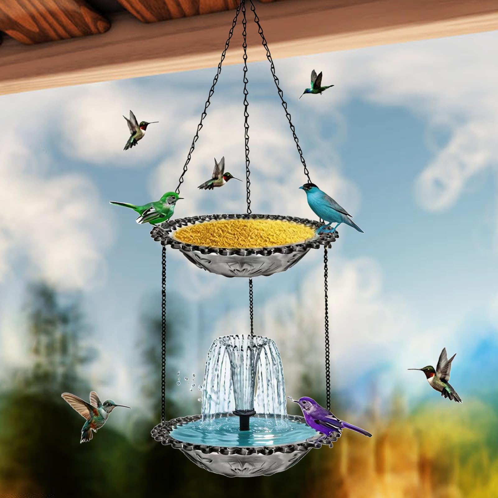 Solarbetriebene Vogelbad- Wetterbeständiger Wasserfall mit Futterschale | Solar Vogel für Terrasse, Garten, Pool, Deck, Hinterhof, Hof, Zuhause und Landschaftsbau