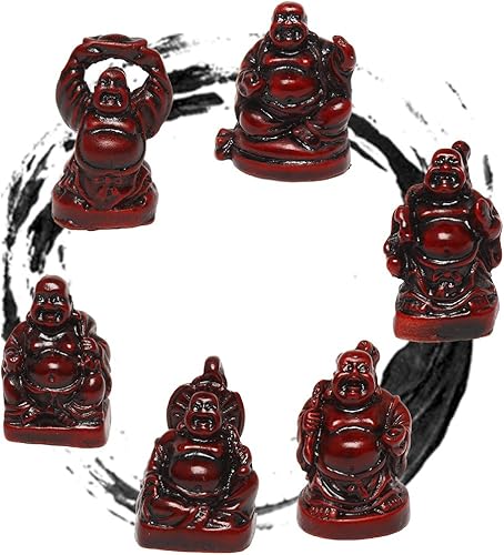 Miniatura 7 de Juego de 6 figuras de Buda sonriente de la suerte feliz de Buda, 1 pulgada, color rojo