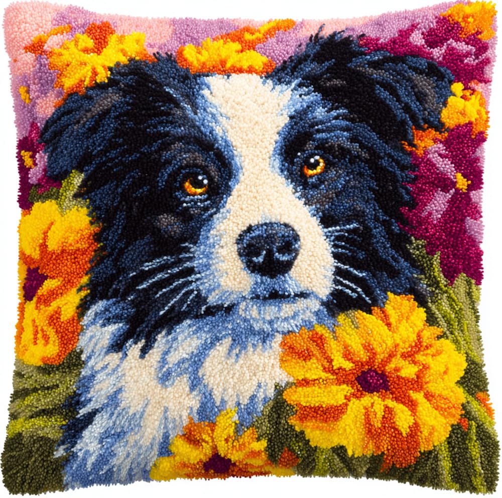 Taxpy Latch Hook Pillowcase Embroidery Kit,Border Collie and Flowers, 17X17 Inch Pre-Printed Latch Hook Rug Cushion Cover Kits for Adults and Beginners Cross-Stitch Embroidery Cushion Kit for Home