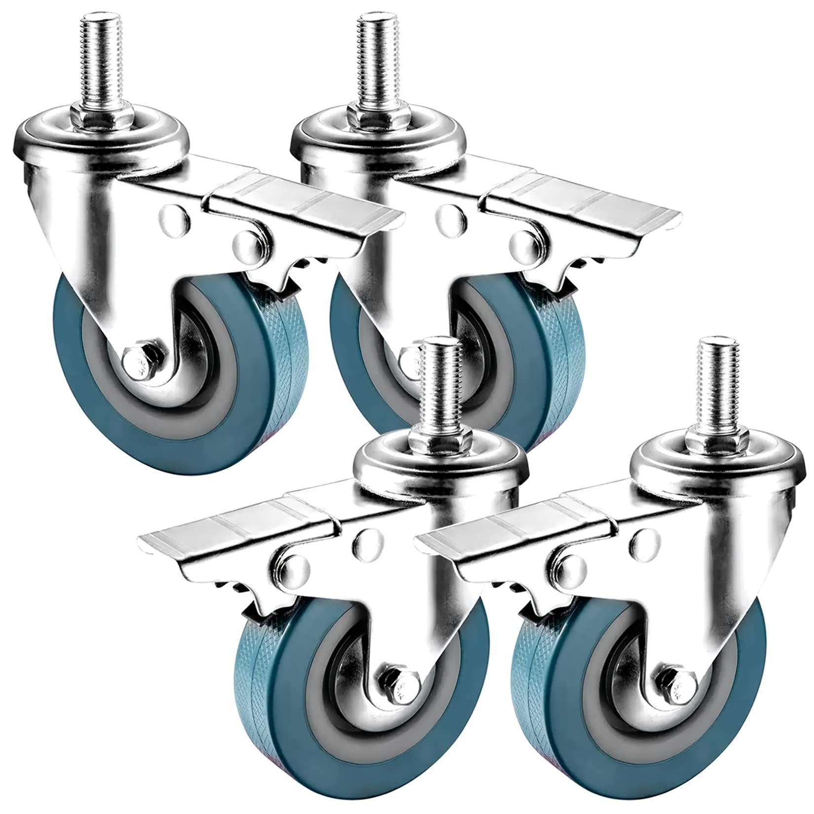 ZGUOUZANTYE Set Of 4 Caster Wheels M10 M12 Threaded Stem With Dual Locking Brakes Replacement Foot Wheel For Moving Silent Furniture Table Trolley Workbench(Brake,75mm(3in) m12)