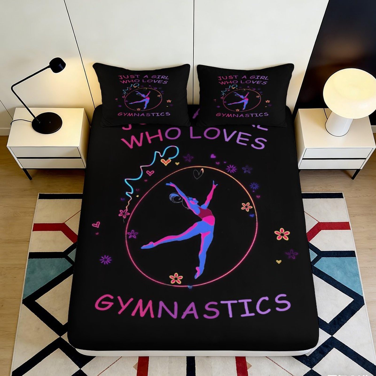 3D Printed Gymnast Girl Fitted Sheet Microfiber Soft Black Artistic Bed Cover for Bedroom Dorm Mattress Protection 200x200x25cm