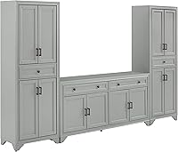Crosley Tara 3-Piece Distressed Gray Modern Farmhouse Sideboard & Pantry Set - Spacious Buffet Storage Cabinet