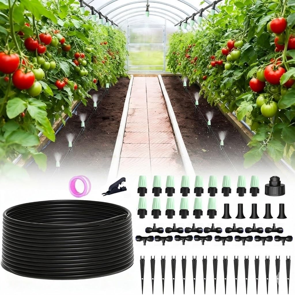 - 65FT Garden Drip Irrigation Kit - DIY Misting Cooling System with 1/4" Tubing & Adjustable Atomizing Nozzles for Greenhouse, Patio, Raised Beds, Potted Plants