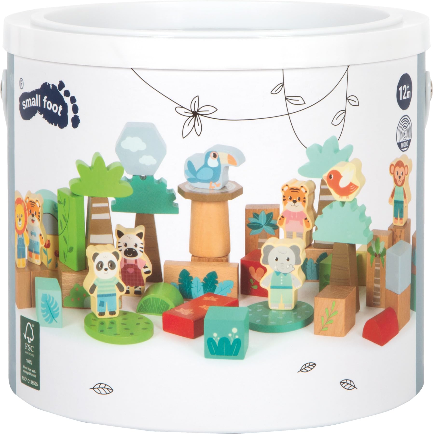 Small Foot Blocchi da Costruzione in Legno Jungle Friends,FSC® 100% Certificato, 50 Pezzi, Legno al Naturale e colorato, da 1 Anno, 12768