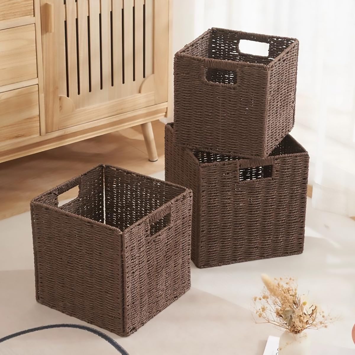 WENFOME 3Pcs Woven Shelf Baskets, 10.5'' Paper Rope Handmade Open Storage Bins, Dark Brown Pantry Baskets Organization Basket Foldable Storage Bins