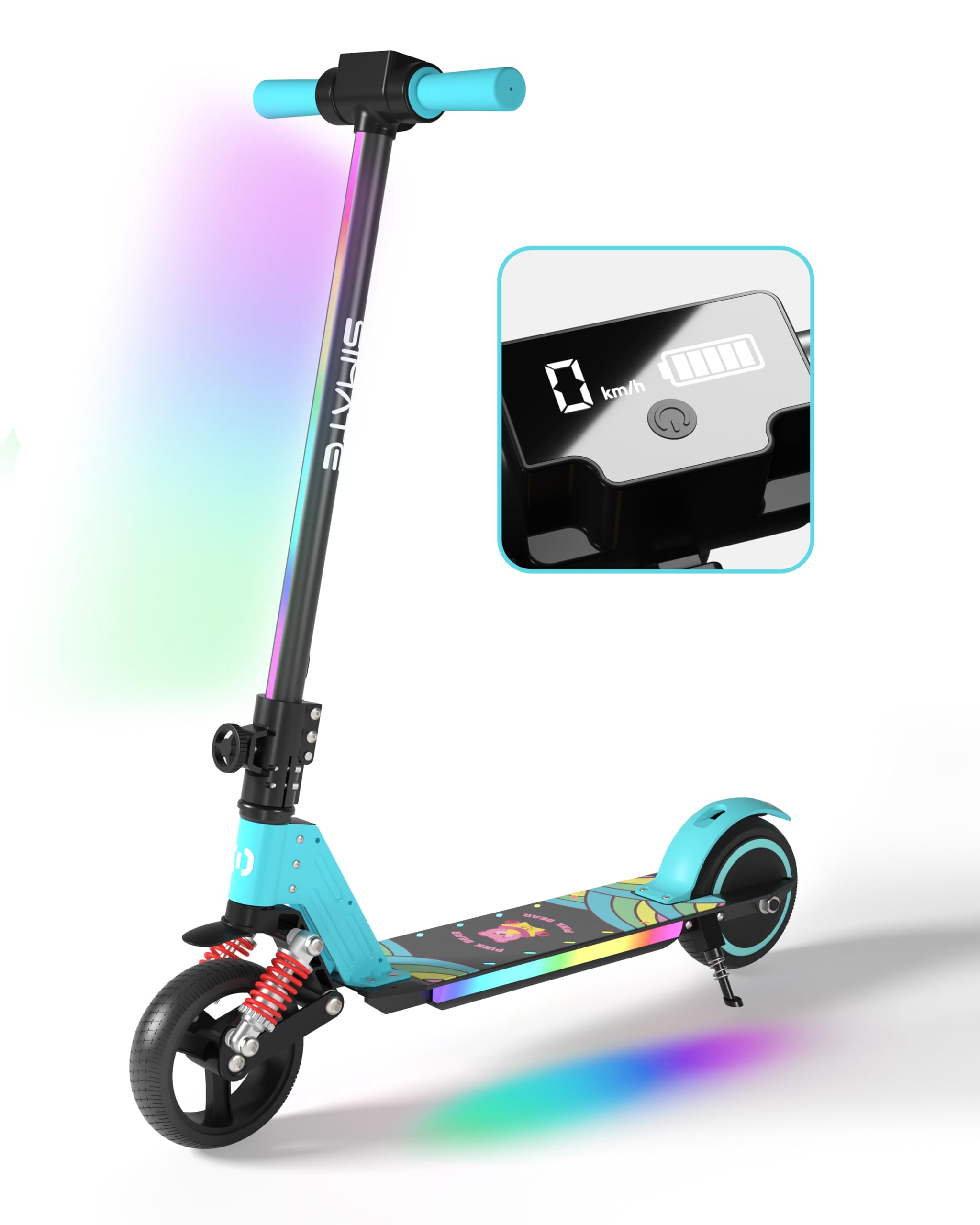Monopattino elettrico per bambini dai 6 ai 12 anni, con luce arcobaleno colorata, portata di 5 – 8 Km, scooter elettrico pieghevole per bambini, 130 W, per ragazzi