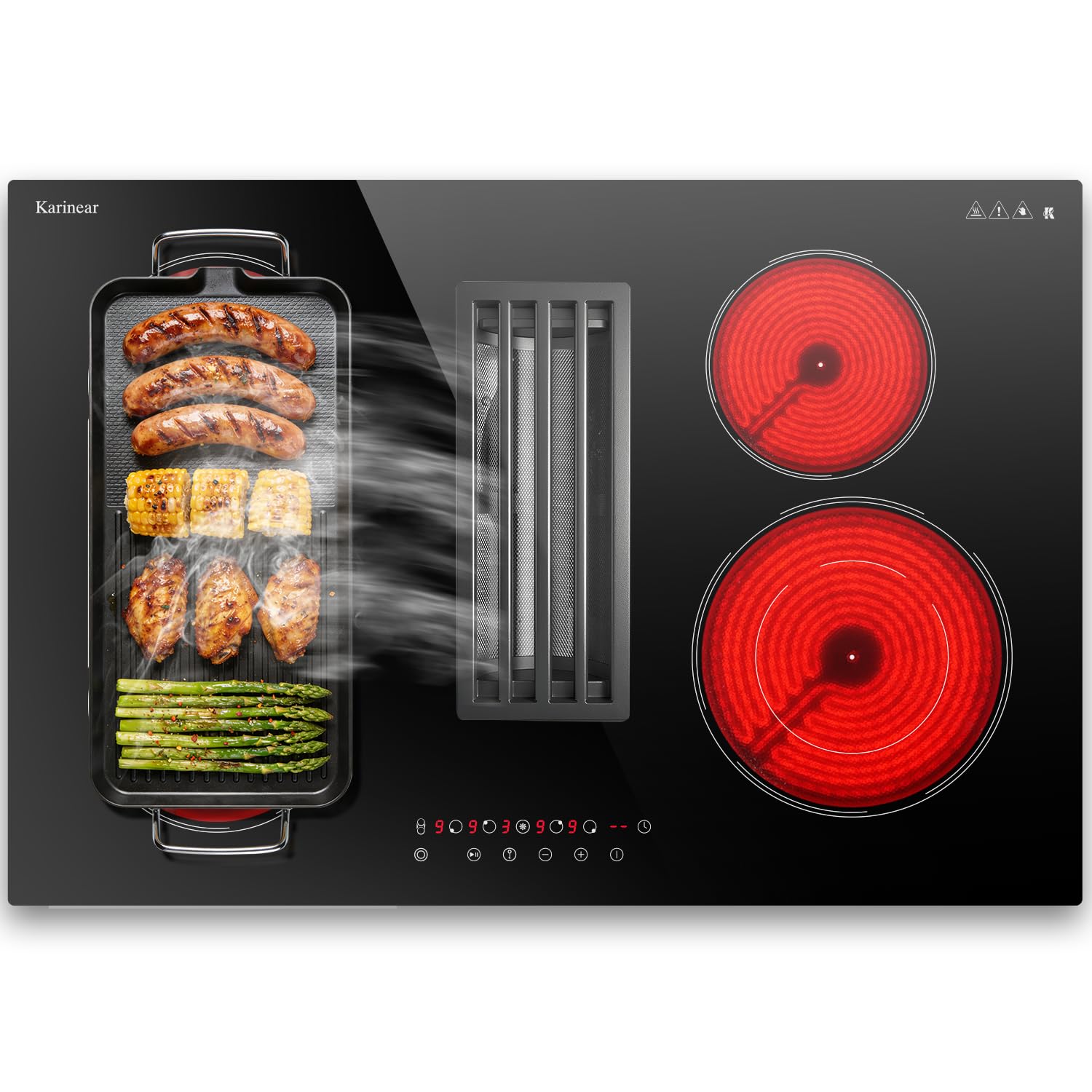 Karinear 30 Inch Downdraft Electric Cooktop with Ventilation System, 4 Burner 7400W Ceramic Glass Stove Top, BBQ Bridge Element &amp; Dual Ring Burner, 9-Speed Fan, Timer, Child Lock, 240V(Ductless Mode)