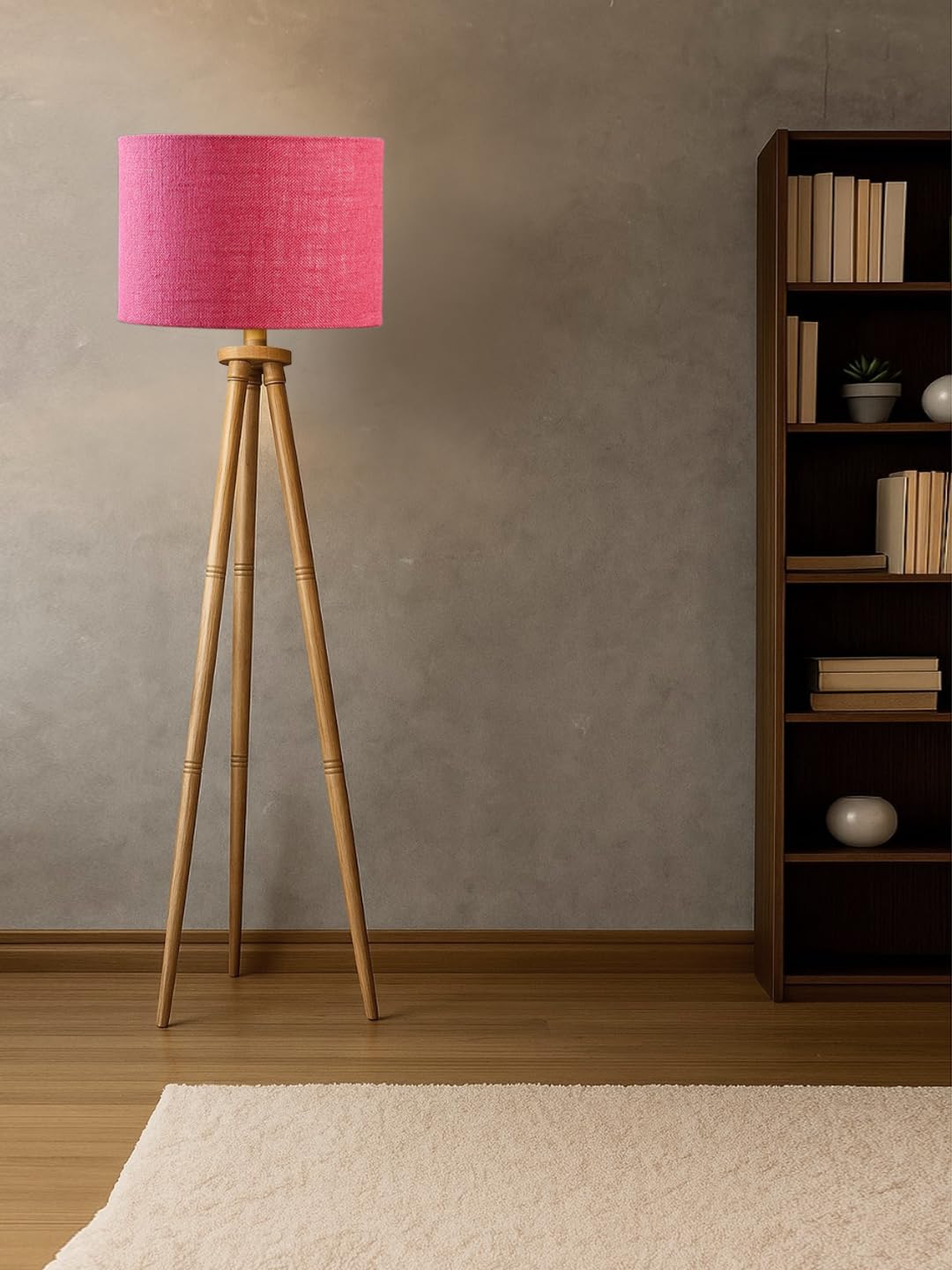 Floor Lamp with Pink Jute Drum Shade (H- 56 Inches) for Living Room/Bedroom & Hotel Decor | Modern Standing Lamp with Wood Base, E27 Bulb Holder, Ambient Lighting, Corner Lamp & Home Decor-image-13