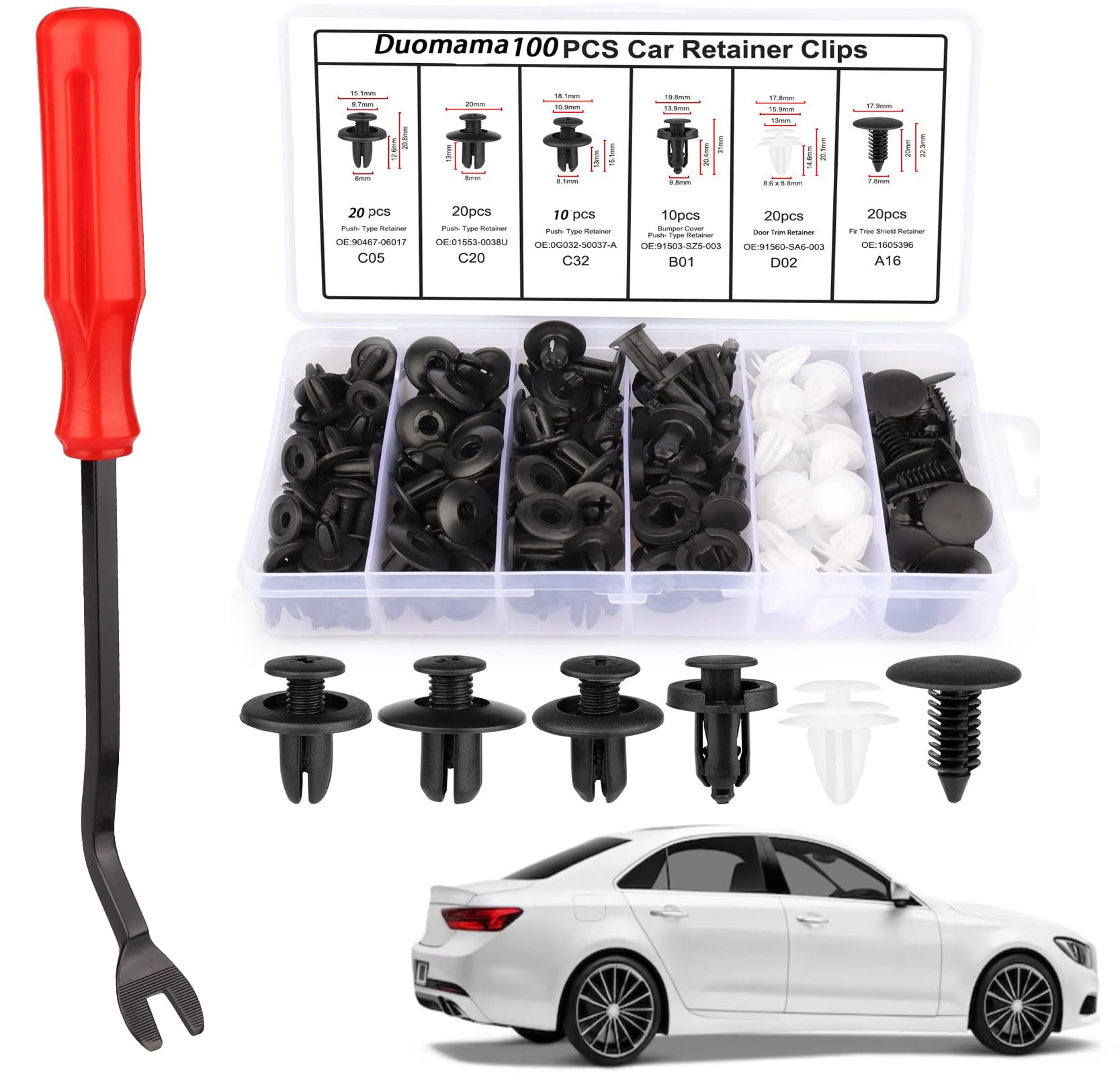 Car Clips & Rivets Assortment Kit - 6 Sizes for Easy Body Fixes & Fender Replacement - Universal Fit for Most Models - Durable Automotive Fasteners-100PCS