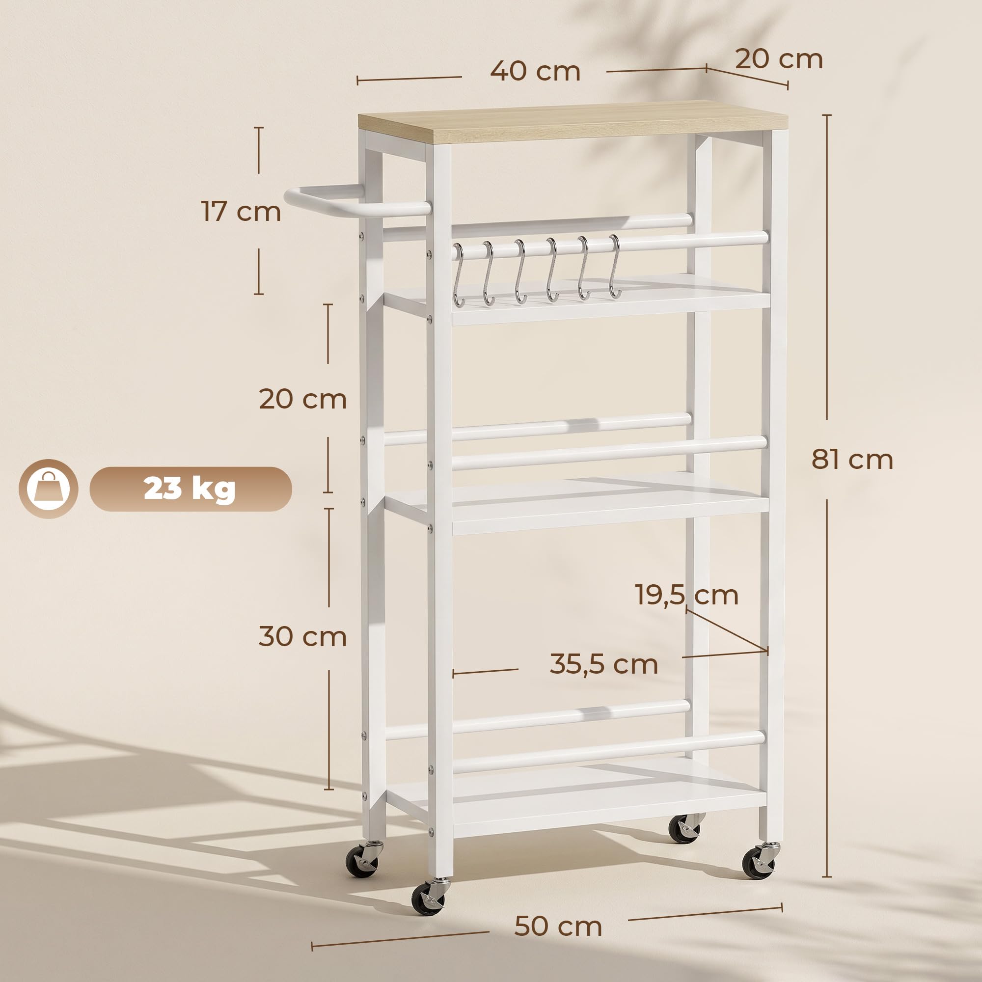 HOMCOM Carrito Auxiliar Ruedas de 4 Niveles con 6 Ganchos 50x20x81cm Roble | Carrito de Cocina con Toallero, Estrecho para Espacios Pequeños, Verduras, Frutas, para Comedor