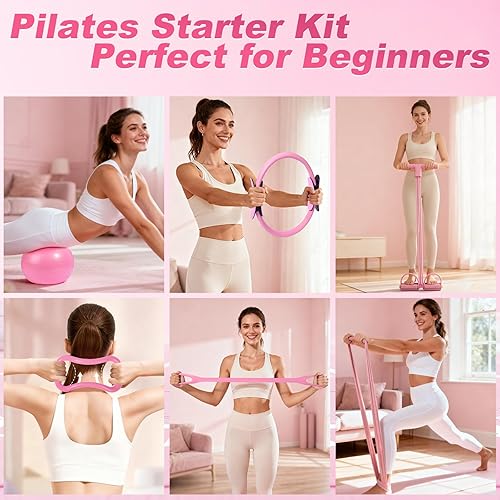 Miniatura 7 de Kit de pilates de 14 piezas, kit esencial de pilates para mujeres, equipo de pilates para el hogar con anillo de bola circular de yoga, 5 bandas de