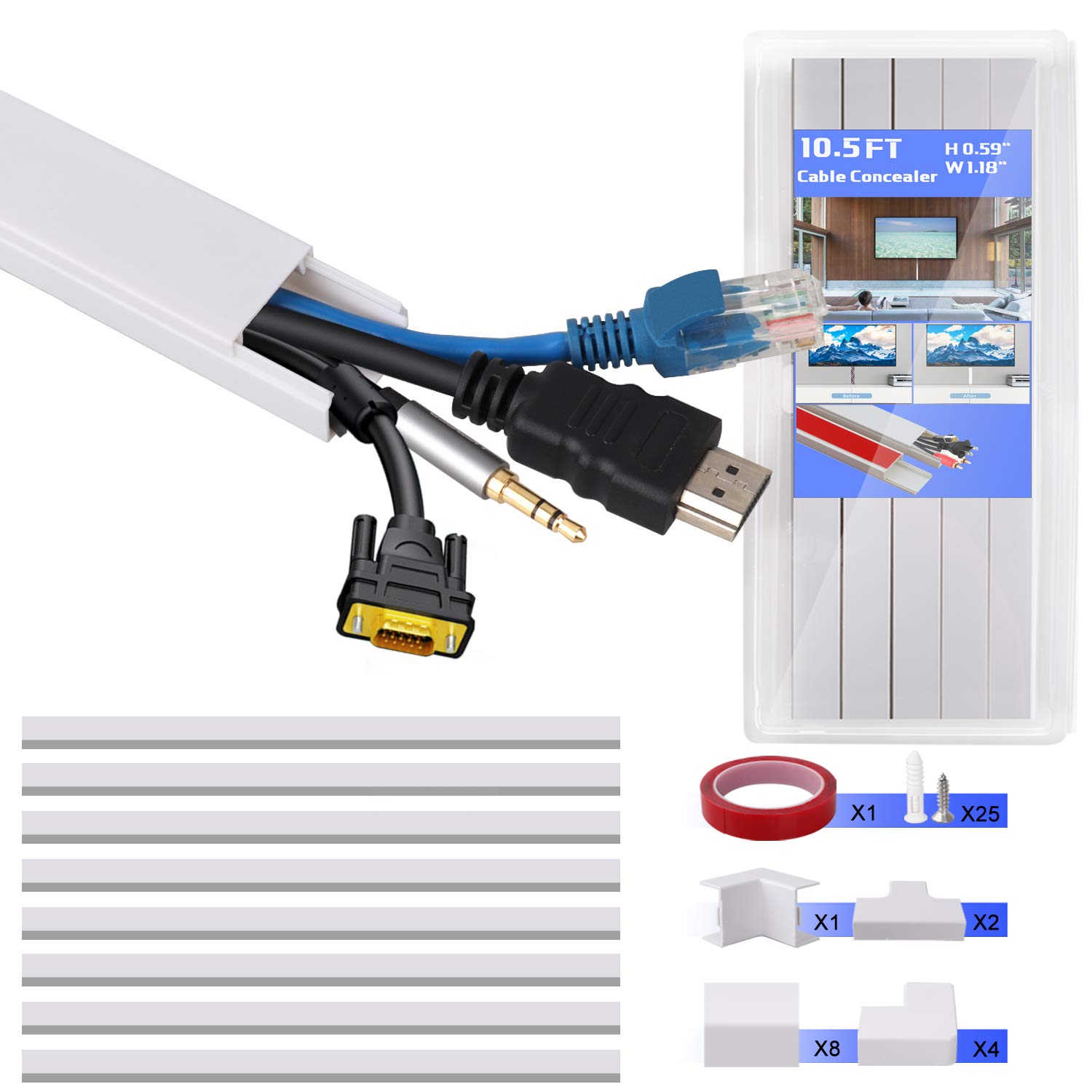 Cable Concealer on Wall Raceway, BIAL 10.5 FT Paintable Cable Management Kit Cord Cover for Wall Mounted TVs Conceal Cables,Cords and Wires for TV, Desk, Home - 8 X L15.75 W1.18 H0.59