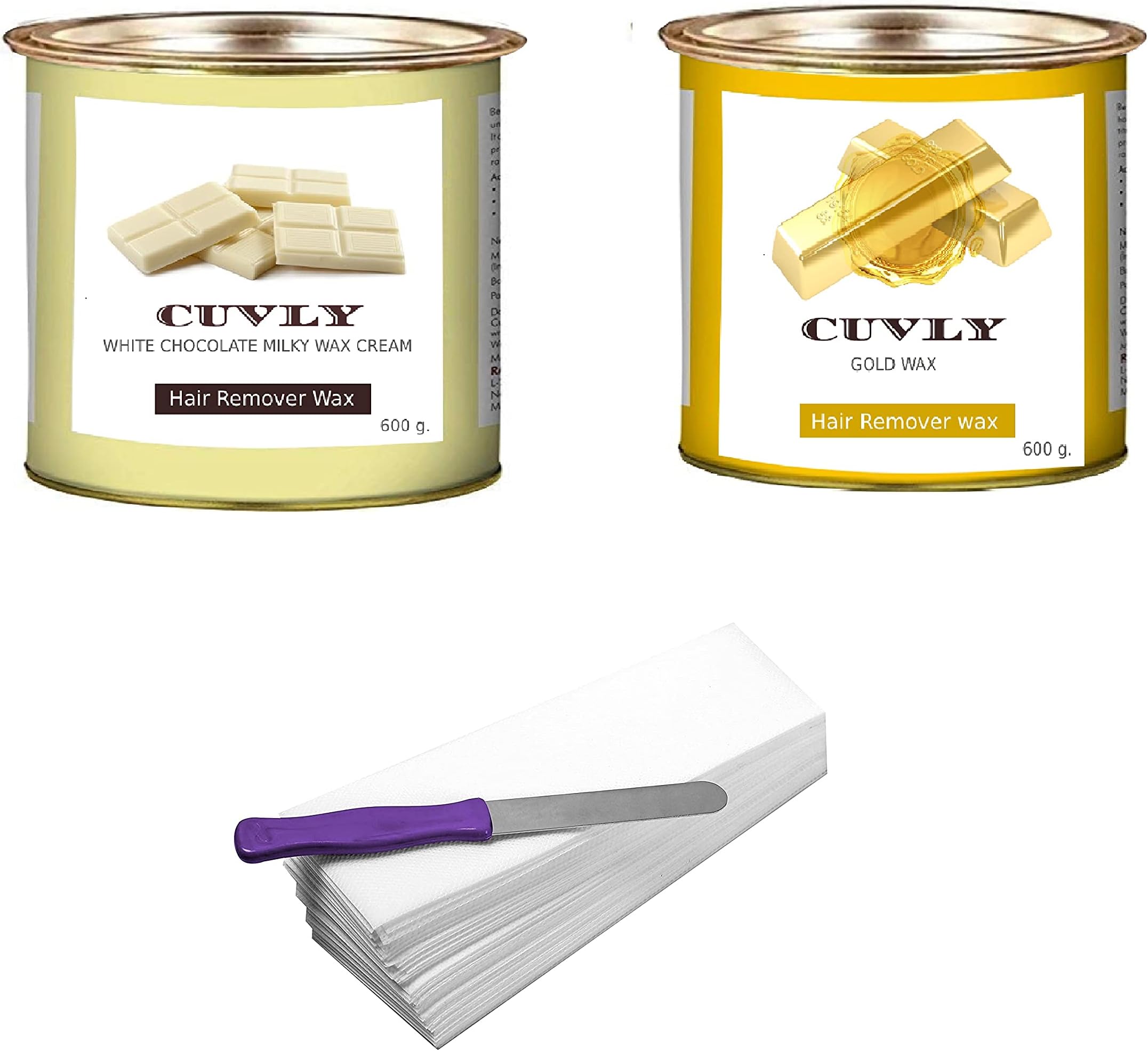 Wax Waxing Hair Removal Hot Wax Kit,White Chocolate 600g + Gold Wax 600g + strip 70pcs + knife Wax Combo Kit (Pack of 4) (White Chocolate Wax & Gold Wax)