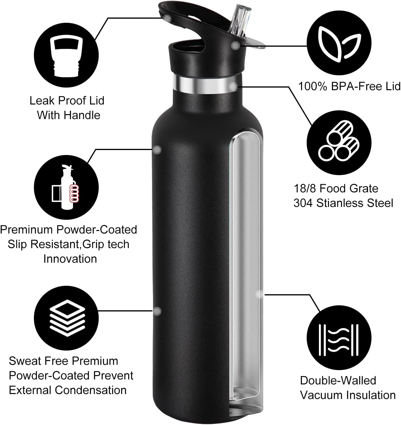Neihepal 24oz Insulated Water Bottles Bulk 8 Pack,Stainless Steel Double Wall Sport Bottle with Straw Lid,Metal Cup Reusable Thermoses with Hand Cap for School,Cyclists,Hikers,Gift (Black,8 Count) - Image 3