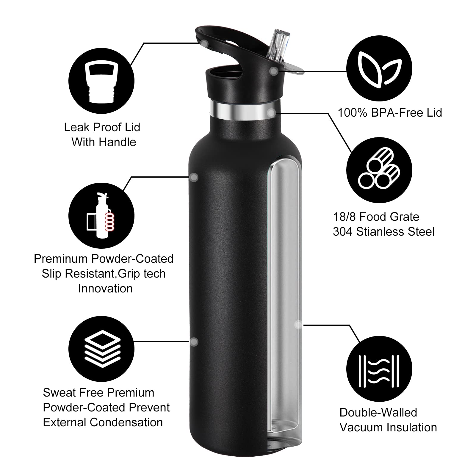 Neihepal 680 ml izolowane butelki na wodę, 8 sztuk, butelka sportowa ze stali nierdzewnej z pokrywką słomkową, metalowy kubek, termosy wielokrotnego użytku, z nakrętką ręczną, do szkoły, rowerzystów, wędrowców, prezent (czarny, 8 sztuk)